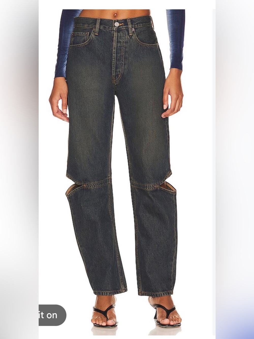 Cowgirl Jeans In West
Women's Dark Blue Straight Jeans with Front Knee Cutouts